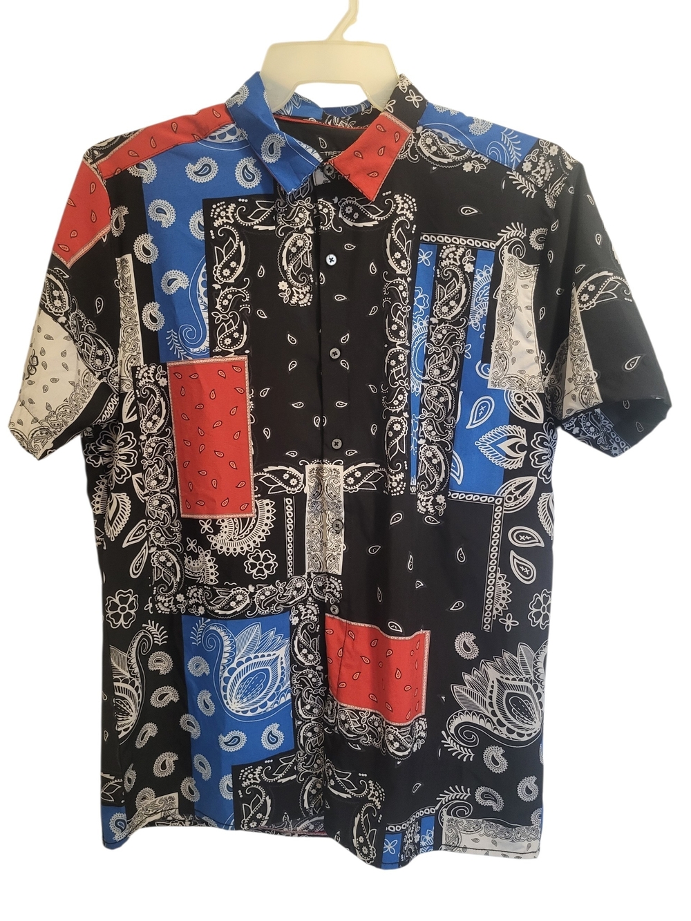 Men's Bandana Patchwork Short Sleeve Shirt - Black/Blue/Red